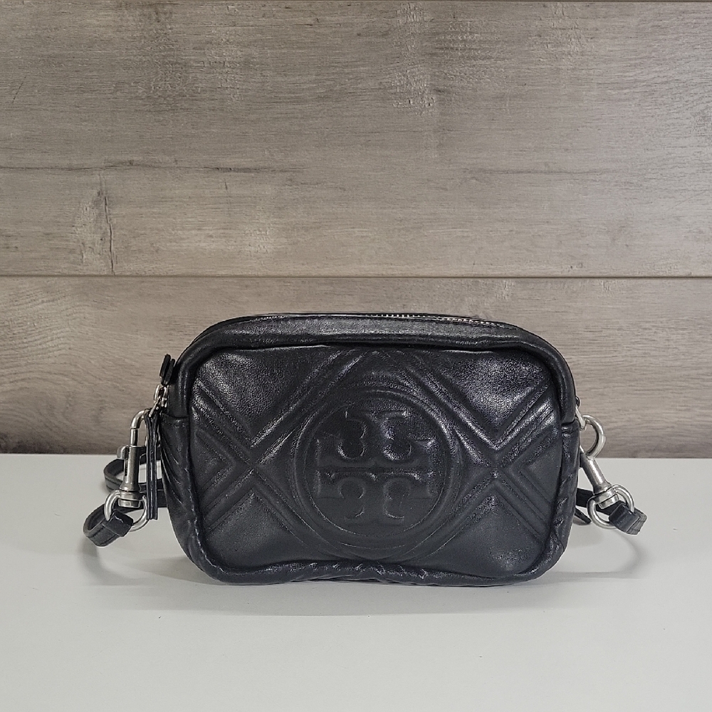 Tory Burch Black Leather Perry Bombe Puffy Mini Crossbody Shoulder Bag Purse